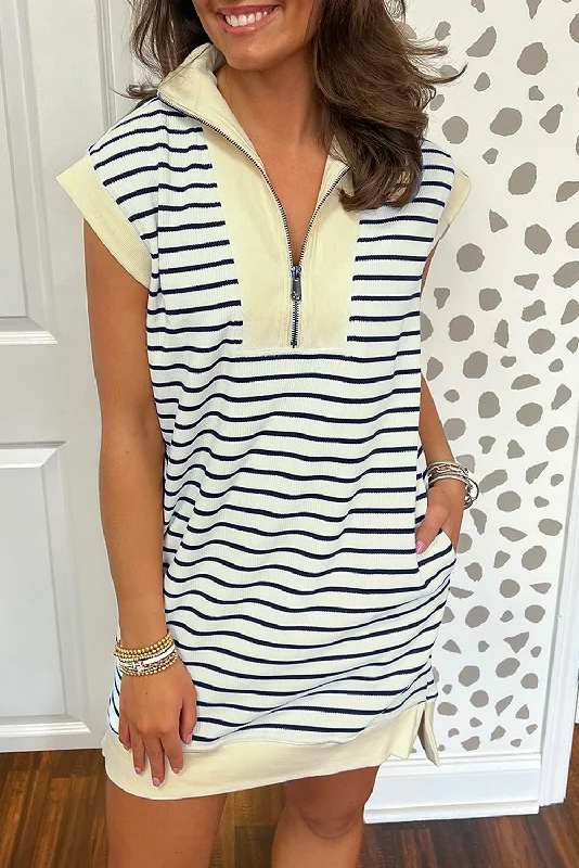 Blue Zone Planet |  Blue Stripe Quarter Zip Collared Cap Sleeve Mini Dress