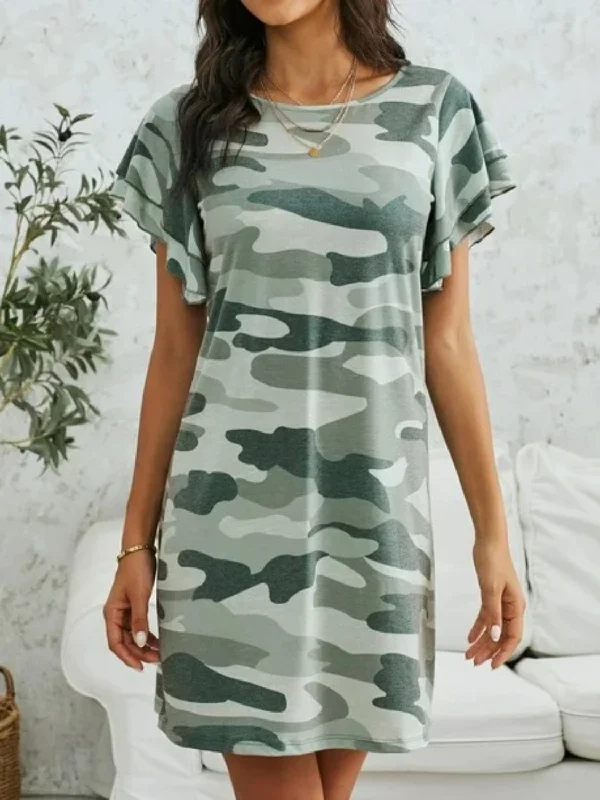 Blue Zone Planet |  Camouflage Round Neck Short Sleeve Mini Dress