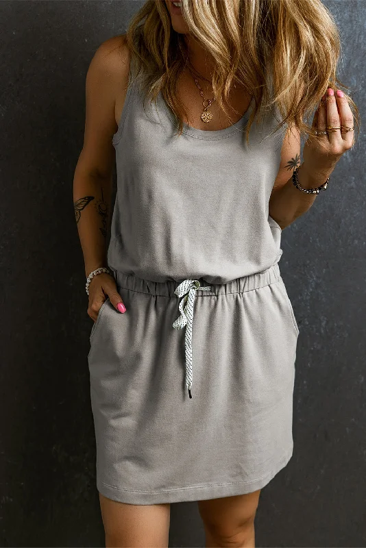 Blue Zone Planet |  Gray Sleeveless Drawstring Waist Mini Dress