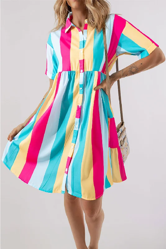 Blue Zone Planet |  Rose Stripe Colorblock Short Sleeve Mini Shirt Dress