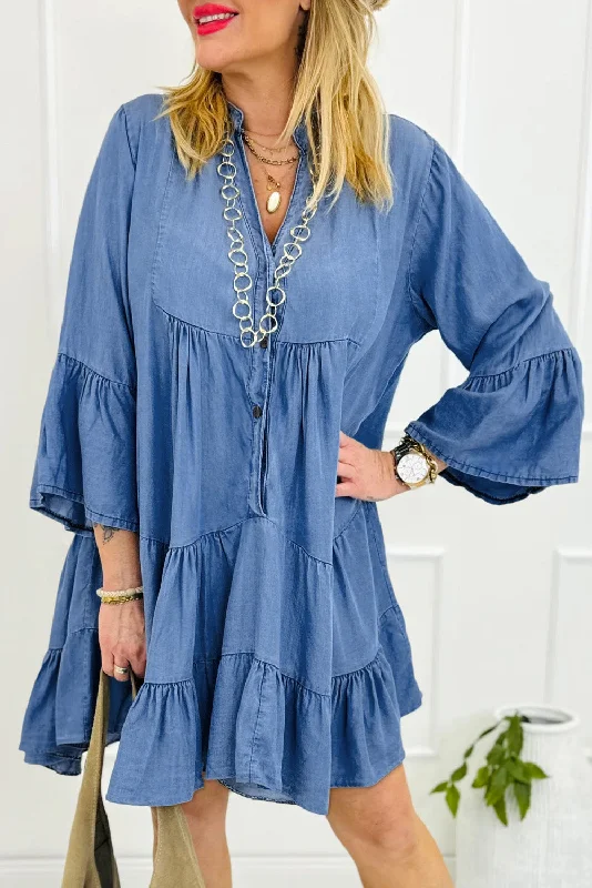 Blue Zone Planet |  Sky Blue Chambray Ruffled 3/4 Sleeve Tiered Split V Neck Mini Dress