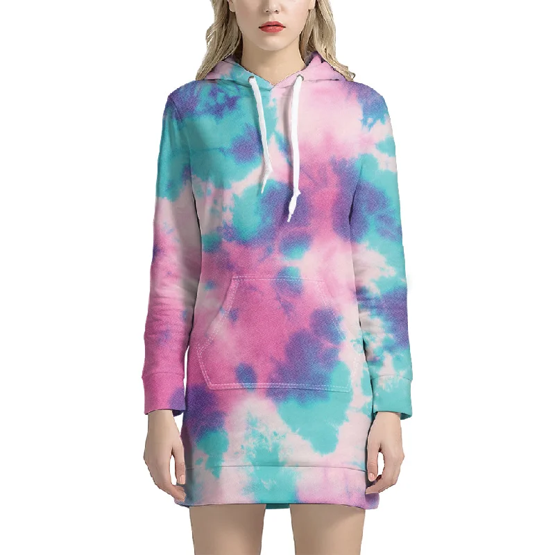 Pink And Teal Tie Dye Print Pullover Hoodie Dress