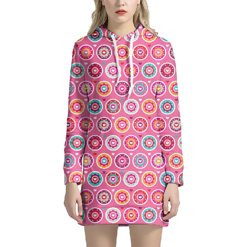 Pink Girly Flower Pattern Print Pullover Hoodie Dress