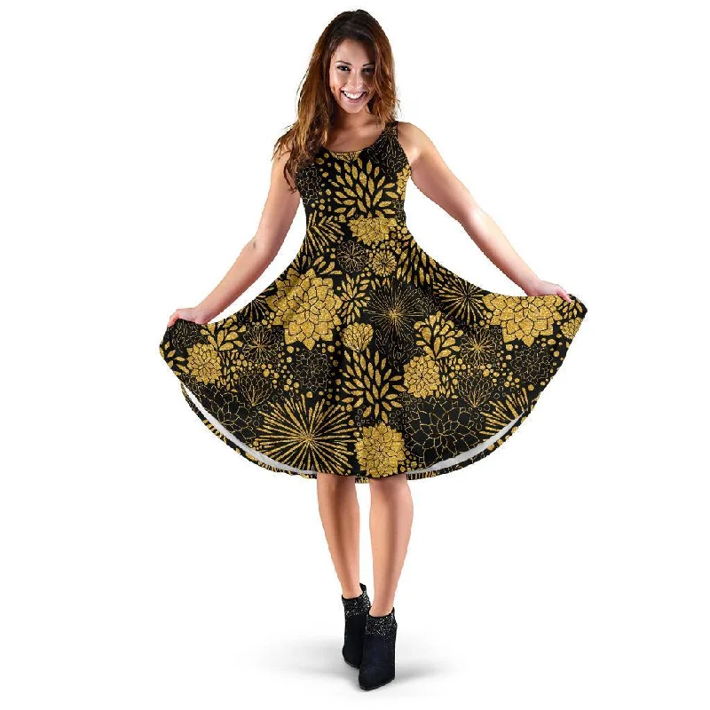 Gold Glitter Floral Pattern Print Dress