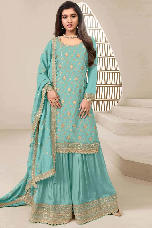 Turquoise Jacquard Embroidered Salwar Suit